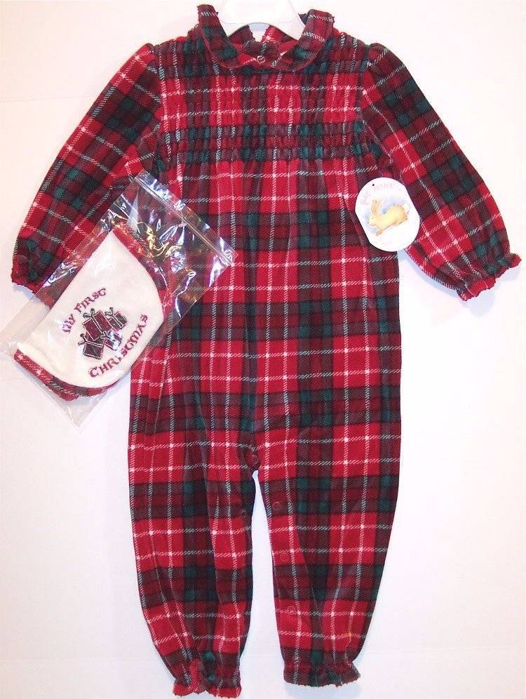 NWT All Mine Infant Girl's Holiday Red Plaid Velour 1 Pc. + Bib Set, 18M, $29
