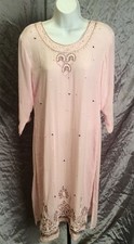 Pink Tunic Embroidered Beads Chiffon Kaftan Style Dubai Long 3/4 Sleeve Handmade
