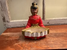 Asian Lady Ashtray Figurine Ceramic Red Coat and Hat Kitsh Chalkware
