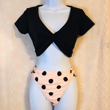 NWT Women s 2 Piece Retro Style Short Sleeves Top Bikini Swimsuit Small