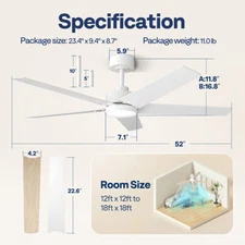42'' - 72'' Ceiling Fan with Light Flush Mount Remote 6+1 Speeds, 3CCT, Dimmable