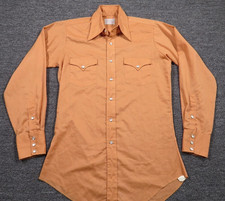 H Bar C Shirt Mens Medium Orange Solid Western Pearl Snap Vintage Long Tail