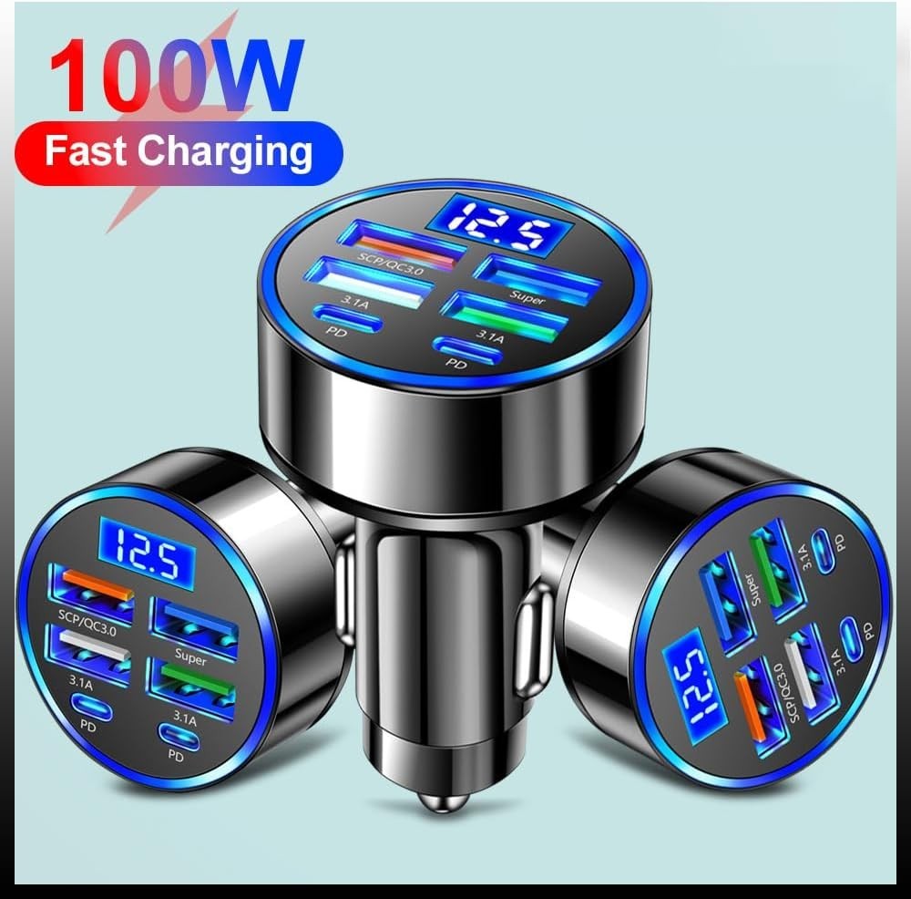 6-in-1 Multi-Port Adapter Car Charger with Display USB 3.0/3.1A Fast Charging