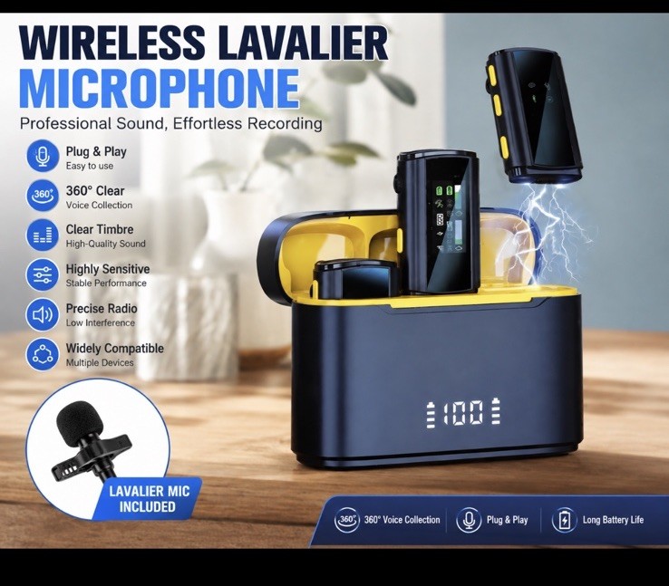 Wireless Lavalier Microphone System W/ Charging Case 360 Plug & Play Camera