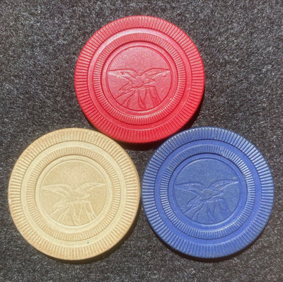 3 Antique Poker Chips - Eagle On Mountain / Rock - Red, White, Blue Lot Set Rare