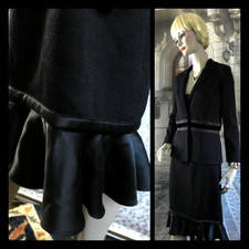 St. John Evening Suit Blue/Blk Santana Knit Sz 8 Silk Velvet Trim Ruffle Skirt