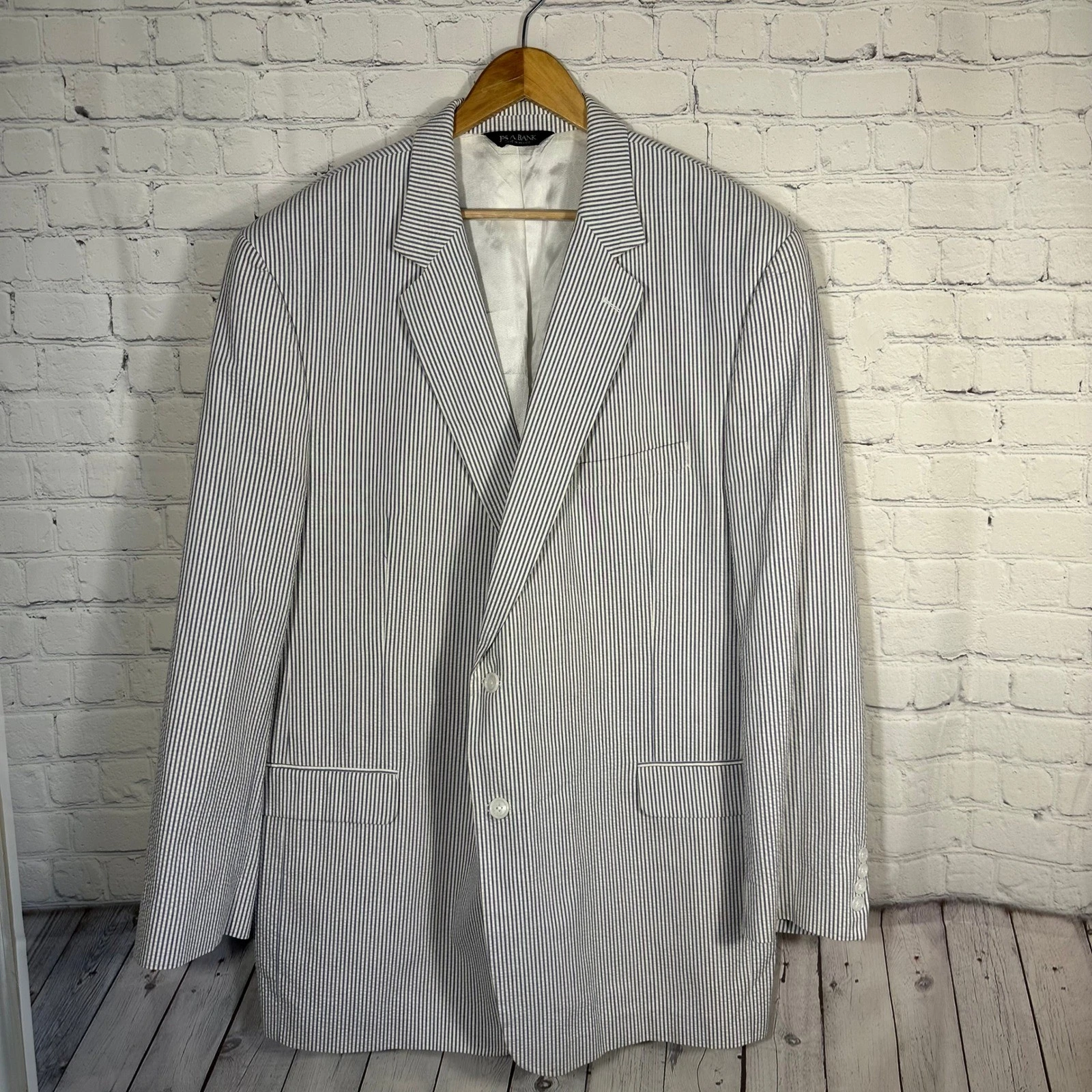 Jos A Bank Seersucker Blazer Mens 50 Long Blue White Striped Cotton Sport Coat