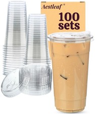 100 Pack 32 oz Clear Plastic Cups with Lids, Disposable Plastic Iced Coffee C...