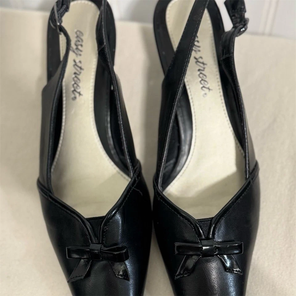 Easy Street 8M Black Slingback Heels Square Toe Low Block Heel Bow Coquette Y2K - Image 3 of 4