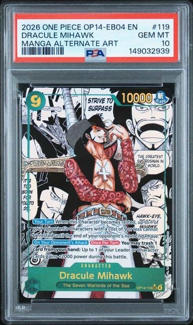 PSA 10 Dracule Mihawk (Manga) The Azure Sea's Seven OP14-119 EN
