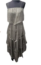 Banana Republic Maxi Dress Gray Elastic waist Tired Ruffle Strap Satin Size 4