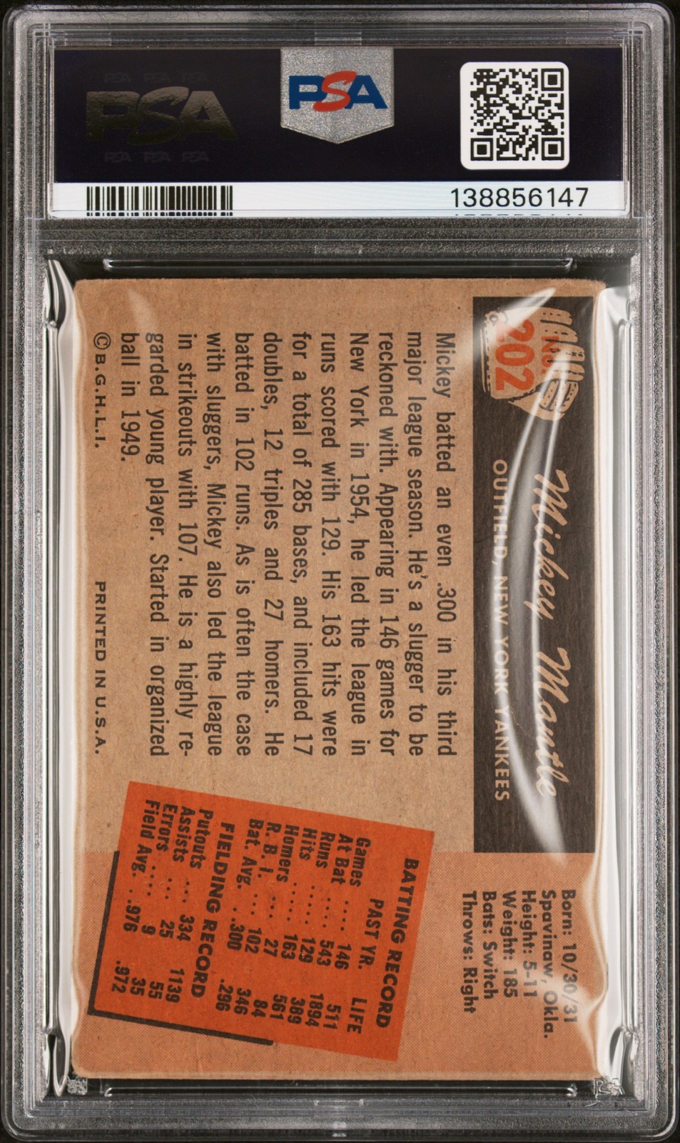 1955 BOWMAN #202 MICKEY MANTLE PSA 1 view 2
