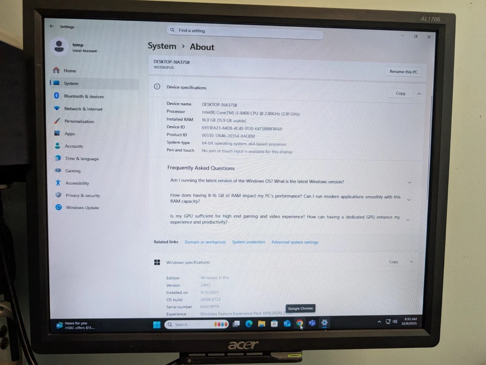 Lenovo SFF 10ST-002FUS,  i5-8400, 16GB DDR4(2x8GB), 256GB NVMe, DVDRW, Win11 Pro - Image 4 of 4