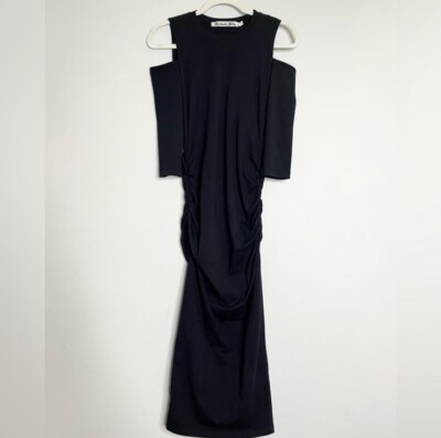 Michael Stars Cold Shoulder Fitted Elbow Sleeve Ruched T-Shirt Midi Dress Black