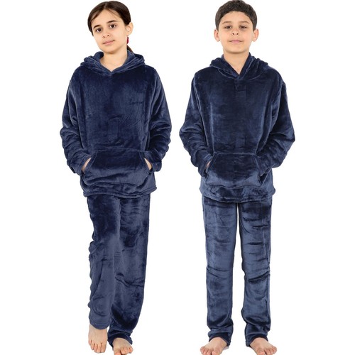 Kids Navy Warm Fleece Hooded Pyjamas For Girls & Boys Sleepover 2 Piece Gift Set - Picture 1 of 7