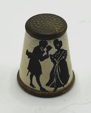 Older Black & White SILHOUETTE Thimble, Enamel & Metal, Period Dress Man & Woman