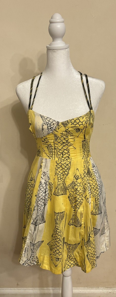 Vintage FREE PEOPLE Fish Print Fit Flare Slip Dress Summer Yellow Size 2 S  Rare | eBay