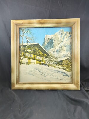 1950's Vintage Country Snow Covered Mountain Cabin  Scene Picture 13'' X 13'' Rare