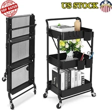Foldable 3-Tier Metal Rolling Cart Large Storage Capacity Movable Design New