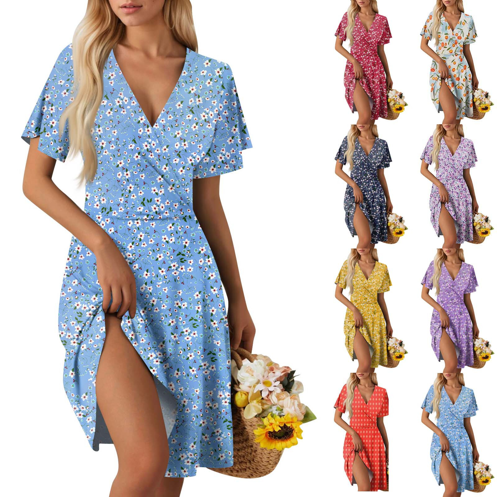 Womens Sundress Summer Boho Floral Short Sleeve Wrap V Neck A-Line Midi Dress-image