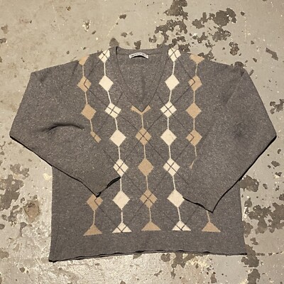 VTG Lyle & Scott Sweater Mens S Cashmere Grey Scotland Made Argyle Golf (Flaw)