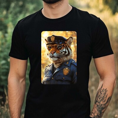 Herren T-Shirt Tiger als Polizist Motiv Baumwolle Größe XS bis 5XL