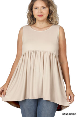 1X 2X 3X Brushed DTY Sleeveless Empire Waist Shirring Baby Doll Tank Top Tunic - Picture 36 of 40