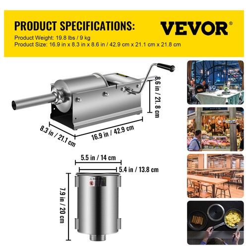 VEVOR Embutidora de Salchichas 3L Horizontal Acero Inoxidable 5 Boquillas - Imagen 7 de 12