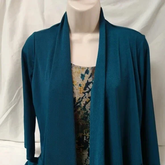 NY Collection Womens Blouse Top Petite Size M Blue Brown Half Sleeve Round Neck - Image 2 of 4