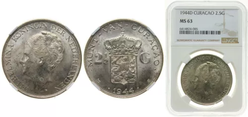 Netherlands Antilles 1944 D 2½ Gulden Silver (.720) (Copper .280) NGC MS 63