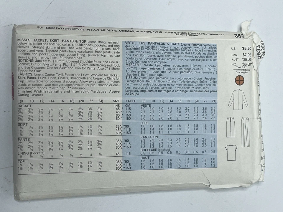 Pants Jacket Skirt Top Plus Size 20-24 UNCUT Pattern 3633 Vintage 80s Tapered - Image 2 of 2