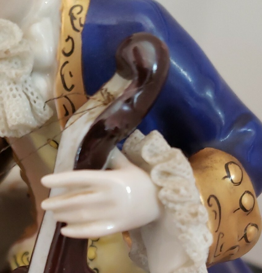 Dresden Lace Victorian Figurine Lady At Piano Man W/ Cello Musical