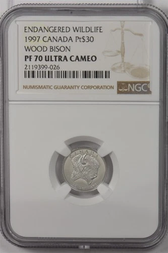 Canada 1997 $30 platinum NGC Proof 70UC Wood Bison. 0.1oz platinum. Perfect 70.