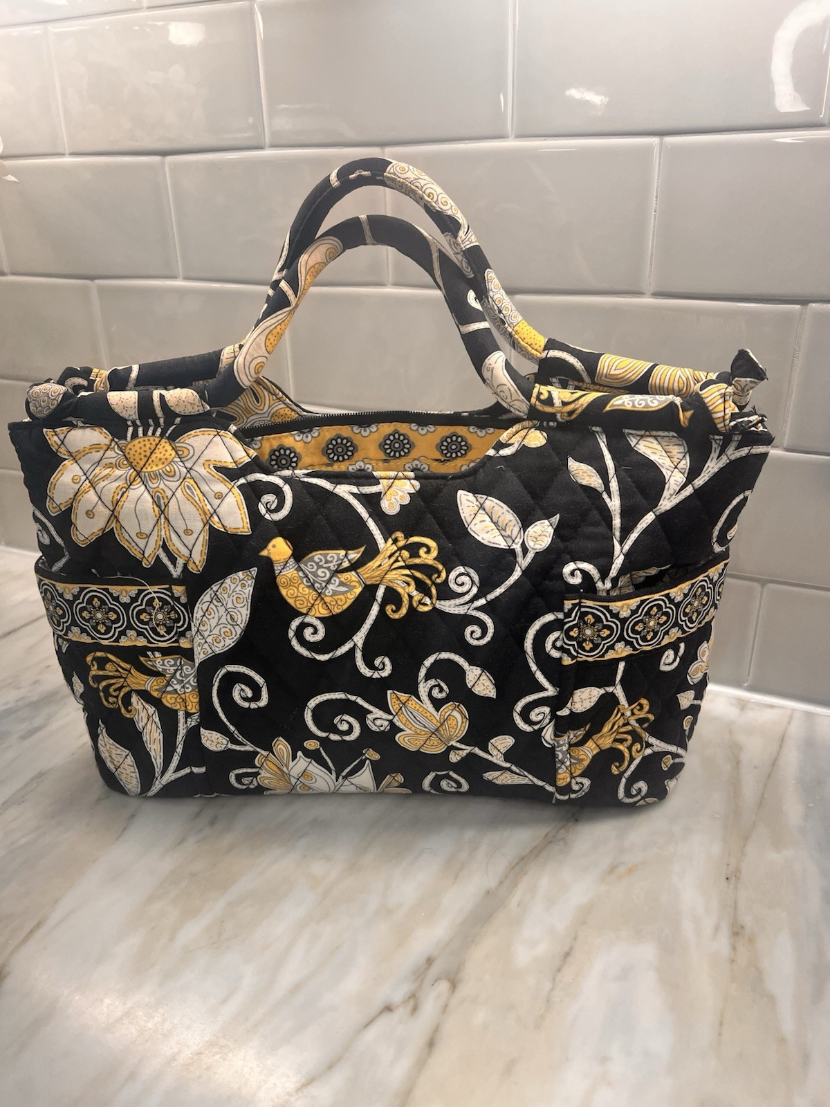 Vera Bradley Sherry Mini Tote in Yellow Bird with Structured Handles End Ties and Pockets