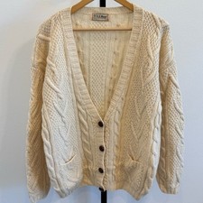 Vintage L.L. Bean Women's Cream Cable Knit Wool Fisherman Cardigan Sweater