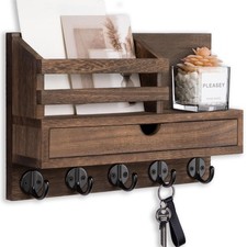 Key Holder Wall Mount Mail Storage Drawer 5 Hooks Coat Dog Leash Decor Rack