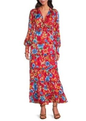 CHELSEA & VIOLET Maxi Dress Red Floral Ruffle Tiered V Neck Long Sleeve Size L