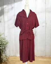 Vtg 50s 40s Red Plaid Gingham Cotton Rockabilly House Dress Hostess MCM XL 37W