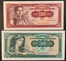 1955-1963 YUGOSLAVIA PAPER MONEY - 100 & 500 DINARA UNCIRCULATED BANKNOTES!