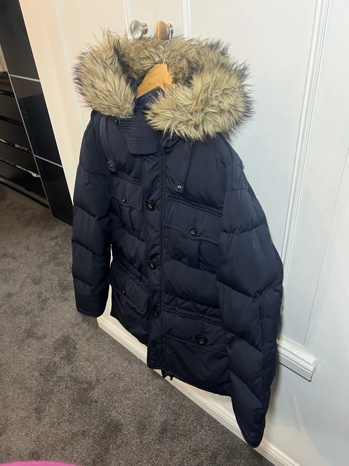Polo Ralph Lauren Navy Blue Parka Puffer Down Faux Fur Hooded Jacket Medium