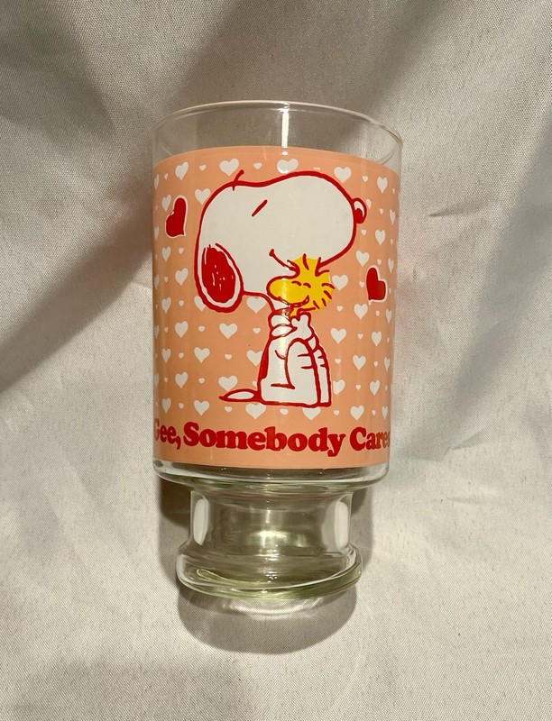 Vintage 1965 Peanuts Snoopy Woodstock 24oz Glass "Gee, Somebody Cares!”