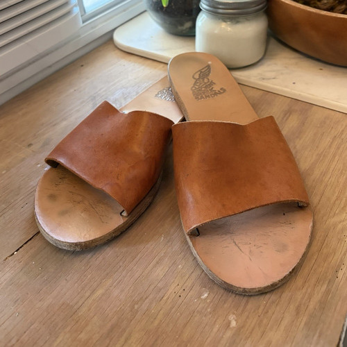 Ancient Greek Sandals Women's Brown Leather Slide Slip-On Strappy Logo 9.5