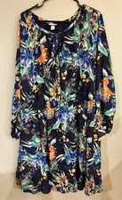 Ava Viv Women Dress Plus Size 2X Blue Floral Long Sleeve Tie Neck Stretch Waist