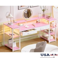 Spacious Computer Desk W/ LED Lights  Power Outlets Adjustable Shelves New