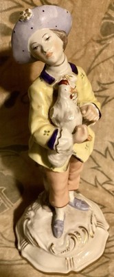 GENTLEMAN Holding ROOSTER Antique Porcelain Figurine  N  With Crown Mark On Base