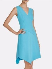 Elie Tahari Lexcy Aqua Blue Ponte V-Neck Asymmetric Dress Sz 14 EUC