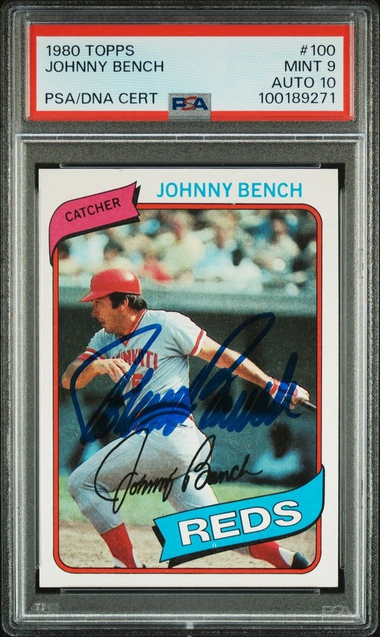 1980 TOPPS JOHNNY BENCH SIGNED #100 PSA 9 AUTO 10 POP 2 NONE HIGHER PSA/DNA HOF