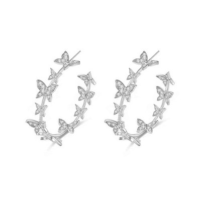 CZ Butterfly Big Hoop Earrings for Women Bride Crystal 43 millimeters, Silver