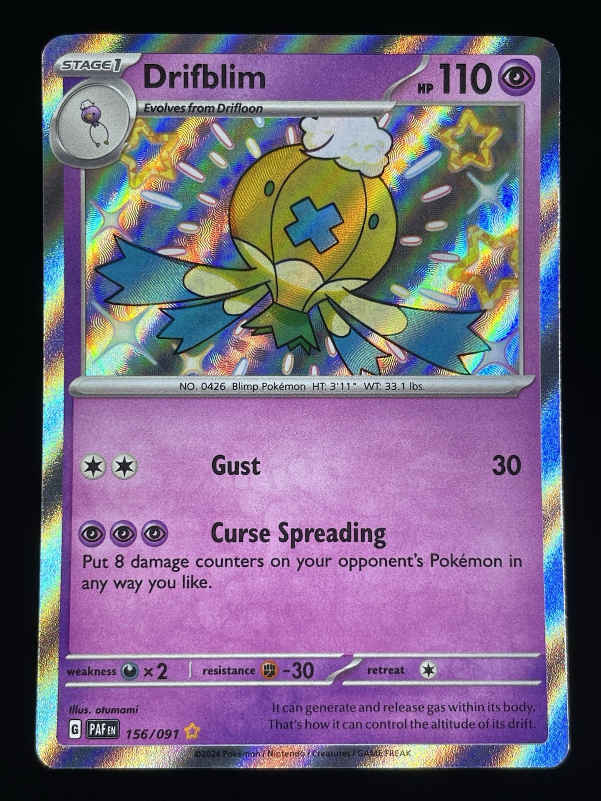 Drifblim - 156/091 - Pokemon Paldean Fates Shiny Rare Card NM