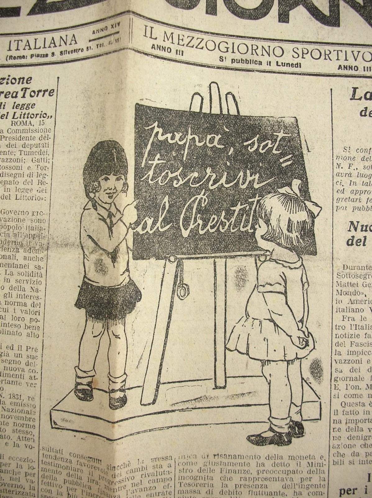 GIORNALE 1926 IL MEZZOGIORNO PAPA' SOTTOSCRIVI IL PRESTITO